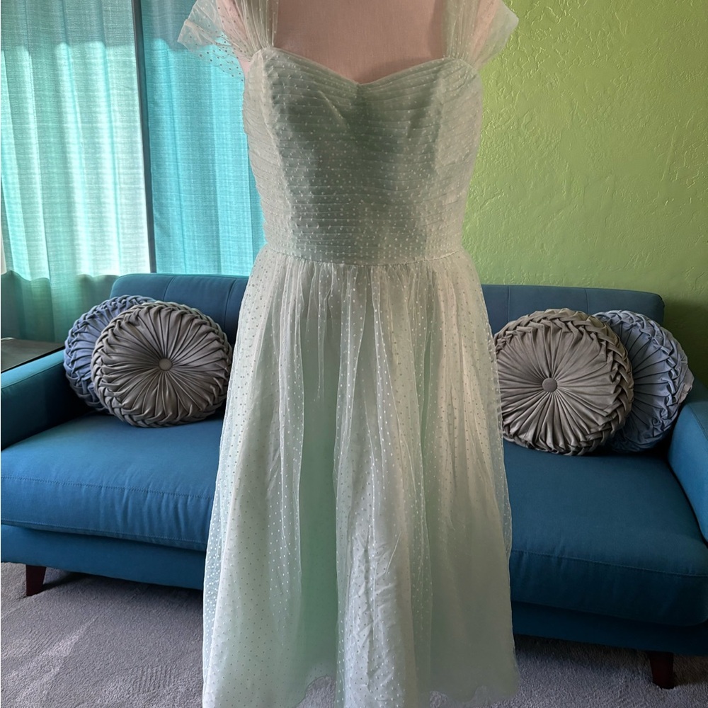 Vintage-Style Mint Green Midi Dress with Sheer Polka Dot Overlay - Picture 10 of 13